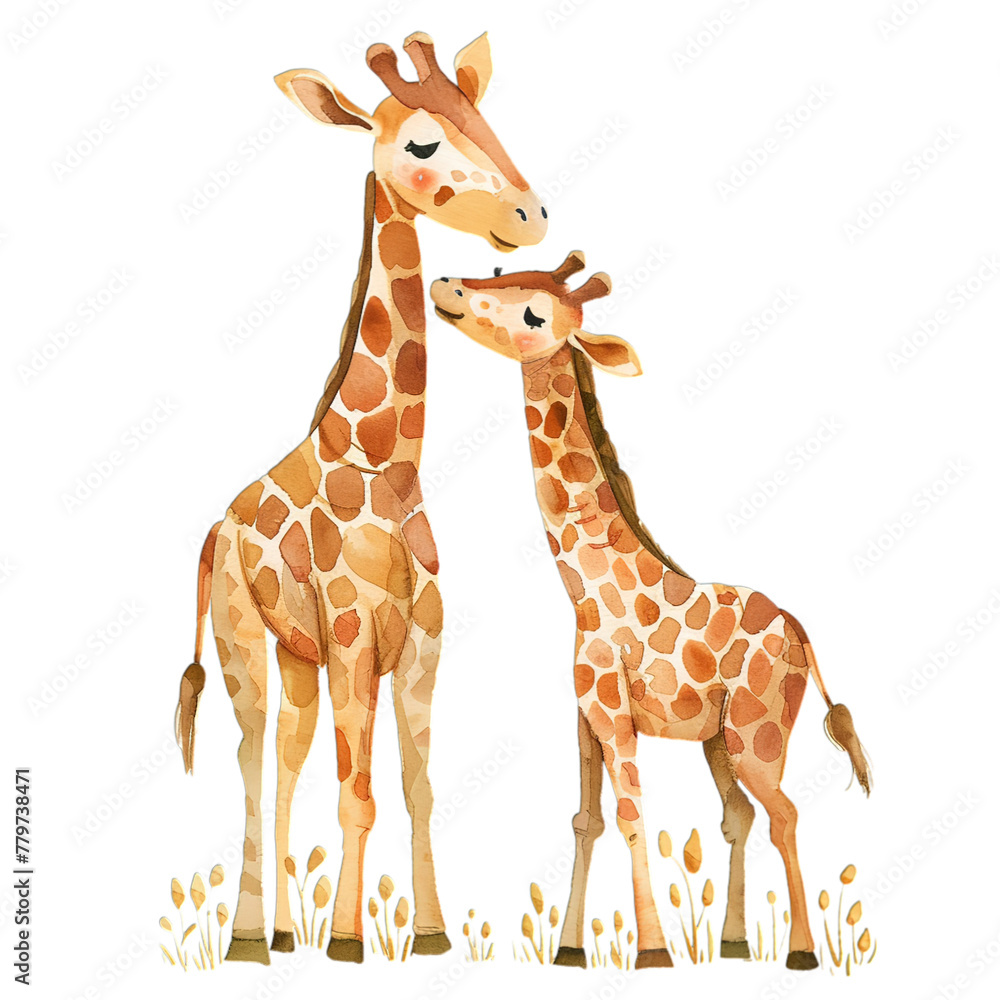 Loving giraffe mother and baby in a tender moment, watercolor art capturing their serene savannah habitat Loving giraffe mother and baby in a tender moment, watercolor art capturing their serene savannah habitat