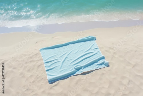 A minimalist depiction of a beach vacation, showcasing a simple beach towel spread out on the sand. The tranquil ocean stretches to the horizon, evoking a sense of relaxation and serenity.