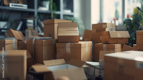 Stacked cardboard boxes in home setting suggest organization - Ai Generated © mady