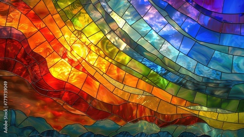 Captivating Stained Glass Rainbow Landscape with Clouds Vibrant Kaleidoscopic Digital Art Background