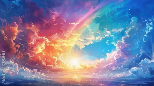 Ethereal Cloudscape with Vibrant Rainbow Horizon Scenery