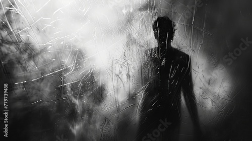 A shadowy blur of a menacing figure is depicted behind frosted glass, creating a sense of horror and mystery in a black and white picture with added noise and grain effects photo