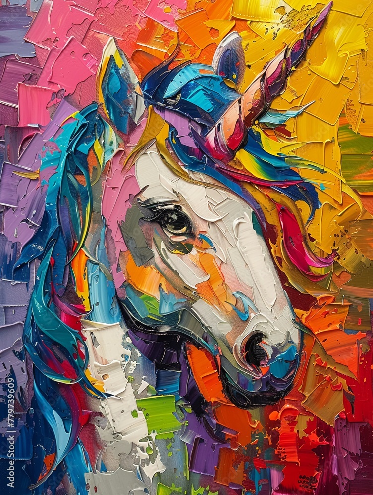 Unicorn in abstract, palette knife oil, with a spectrum of body colors, on a lively background, featuring colorful highlights and bold lighting Unicorn in abstract, palette knife oil, with a spectrum of body colors, on a lively background, featuring colorful highlights and bold lighting
