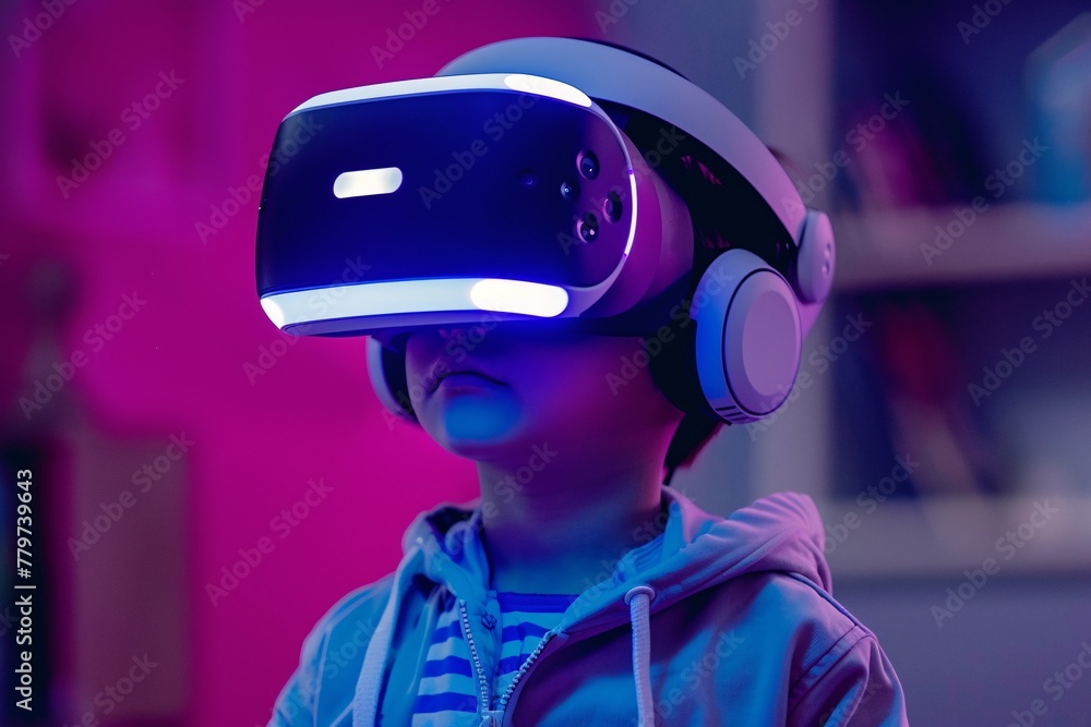 A young boy engaged in a virtual reality session, wearing a headset and experiencing immersive digital content A young boy engaged in a virtual reality session, wearing a headset and experiencing immersive digital content
