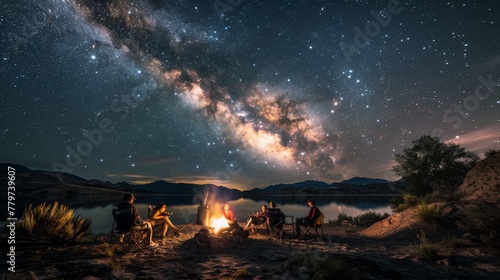 Astrophotography enthusiasts BBQing under a luminous night sky photo