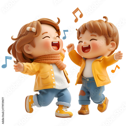 An animated 3D cartoon render of happy children dancing to the music.