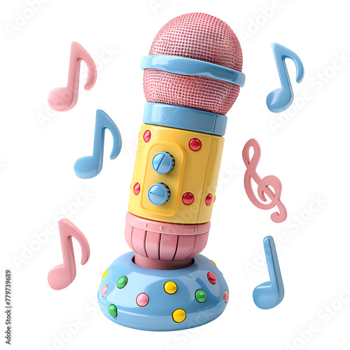 A vibrant 3D cartoon render featuring a colorful microphone and music notes.