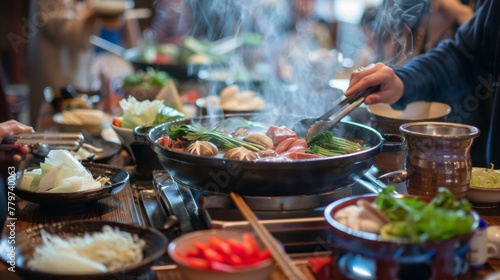 Communal pot of shabu at the center of a lively gathering