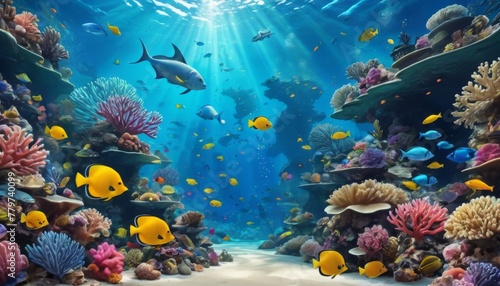 An underwater spectacle showcasing a vibrant coral reef teeming with life, including tropical fish and sunlight piercing through the water's surface.. AI Generation © Anastasiia