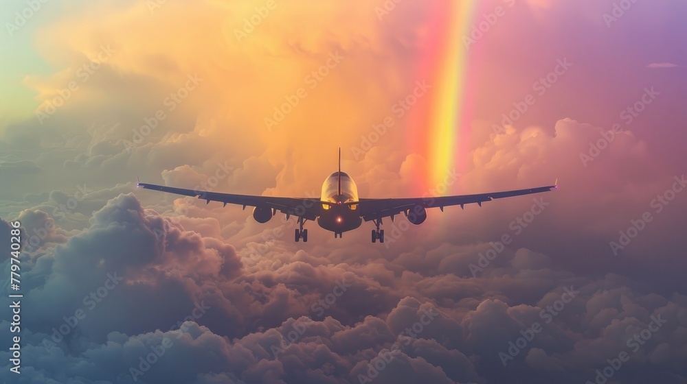 Majestic Aerial Voyage with Radiant Rainbow Backdrop