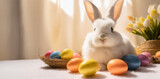 Lovely bunny easter fluffy baby rabbit with a basket full of colorful easter eggs. Beautiful Easter card. Generative AI