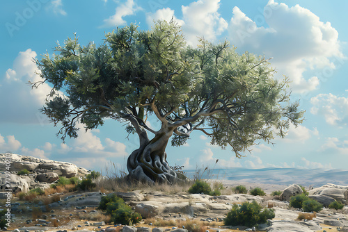 A lone olive tree stands against a vibrant blue sky  symbolizing longevity  growth  and natural beauty.