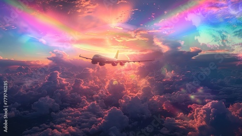 Majestic Airplane Soaring Through Vibrant Rainbow Streaked Skies