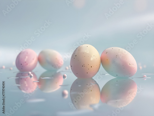 Scattered pastel eggs on reflective surface - Ai Generated