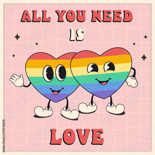 Lgbtq pride month retro groovy poster, social media post template with rainbow heart