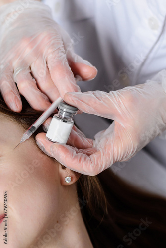 Face Injection. Facial skincare biorevitalization treatment. Woman getting cosmetic procedure by beautician In salon.