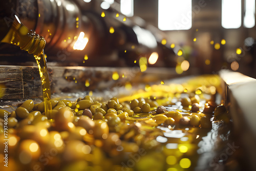 Traditional process of olive oil production  showcasing harvesting  pressing  and bottling stages  Mediterranean agriculture.