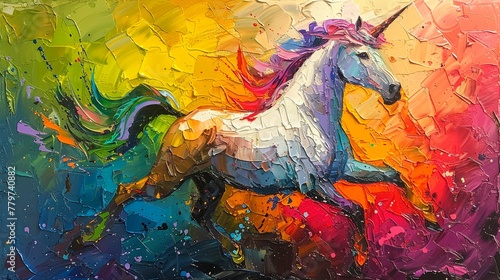 Abstract oil unicorn  palette knife technique  body in rainbow hues  against a colorful backdrop with dramatic highlights and lighting