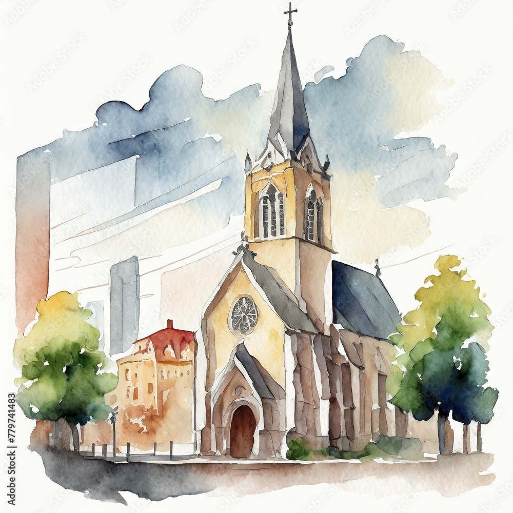 Namalowany kościół katolicki ilustracja - obrazy, fototapety, plakaty 