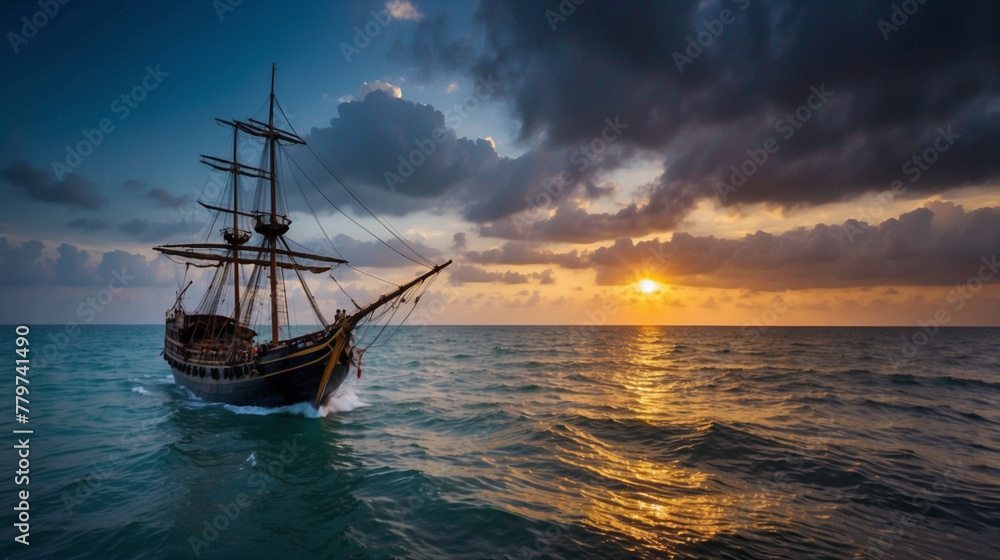 sailing ship at sunset