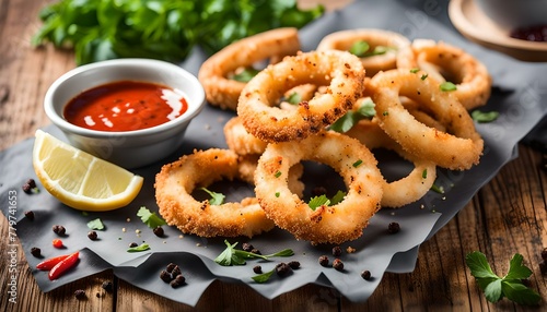 Delicious panko and black pepper crusted calamari rings with spicy marinara dipping sauce. 