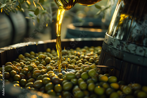 Traditional process of olive oil production, showcasing harvesting, pressing, and bottling stages, Mediterranean agriculture.
