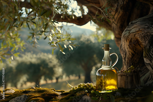 A golden bottle of extra virgin olive oil, representing quality and freshness, essential in Mediterranean cuisine.