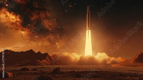 A rocket launches into the night sky, starting its mission as a spaceship. A space shuttle lifts off photo
