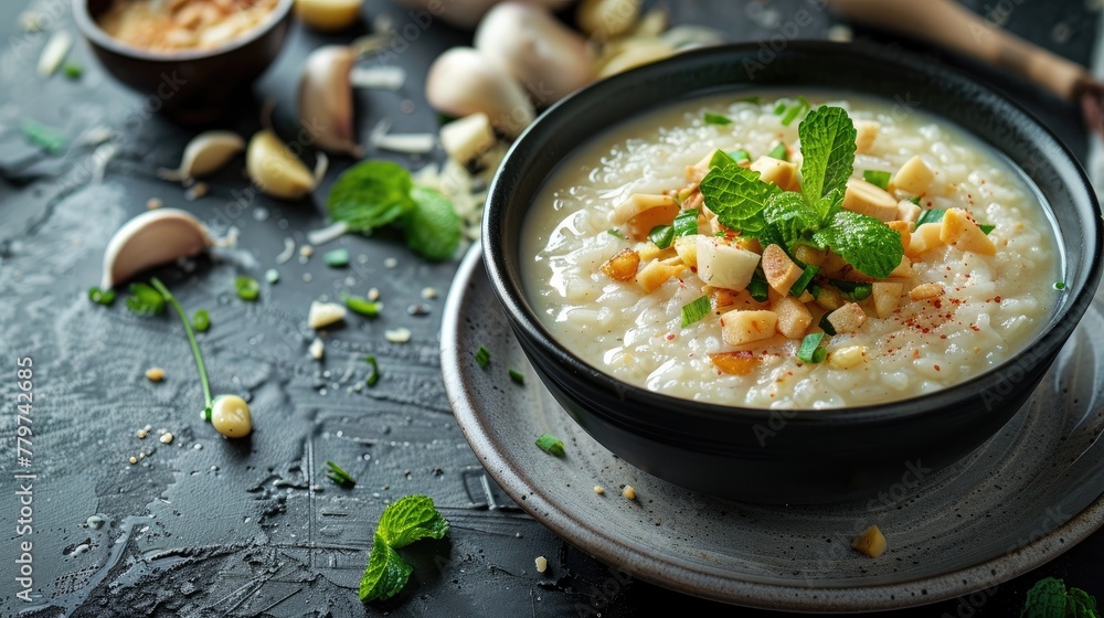 Thai Rice Porridge with Ginger and Crispy Garlic in a Rustic Ceramic Bowl on a Moody Wooden Background