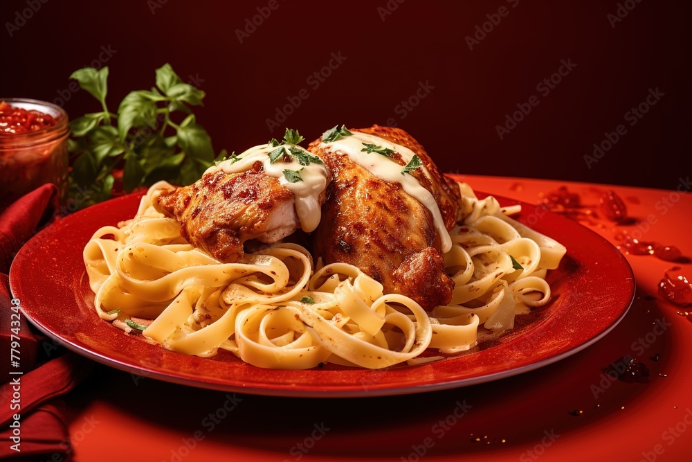 Fototapeta premium Grilled chicken with mayonnaise and noodles
