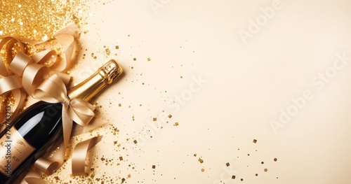 Champagne Celebration with Golden Confetti Background 