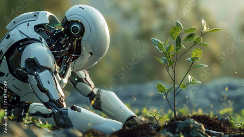 AI robot Planting tree, forests conservation.