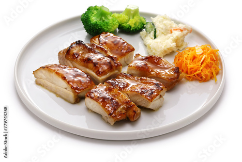 Authentic Japanese teriyaki chicken isolated on a white background.