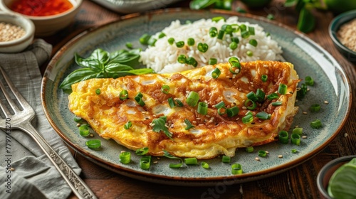 Delectable Thai Omelette Served with Fragrant Jasmine Rice on Rustic Wooden Table