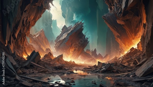 An apocalyptic landscape unfolds in this image, where jagged rocks and a fiery glow create an intense, fantastical atmosphere.. AI Generation