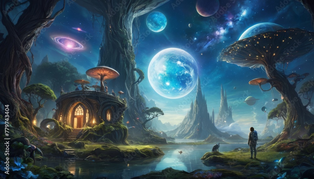 A mystical forest with bioluminescent trees and fantastical structures overlooks a pond reflecting an otherworldly sky dotted with multiple moons and planets.. AI Generation