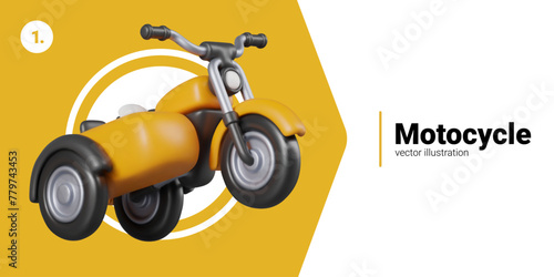 Realistic motorcycle with three wheels at moment of movement