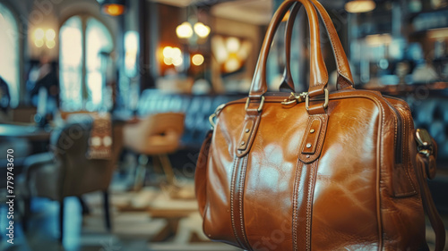A brown leather handbag in a café setting.