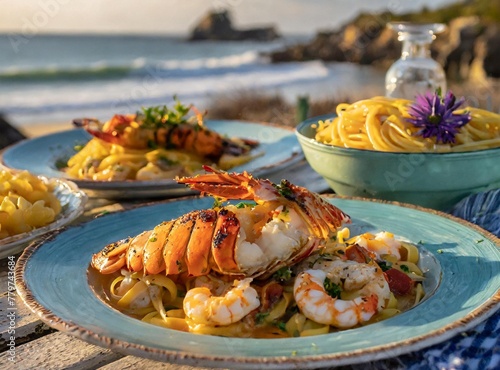 The picnic table is adorned with colorful plates of stuffed lobster tails zesty seafood