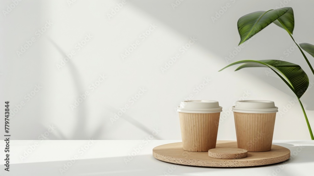 Eco-friendly disposable coffee cups on wooden tray in minimalist setting