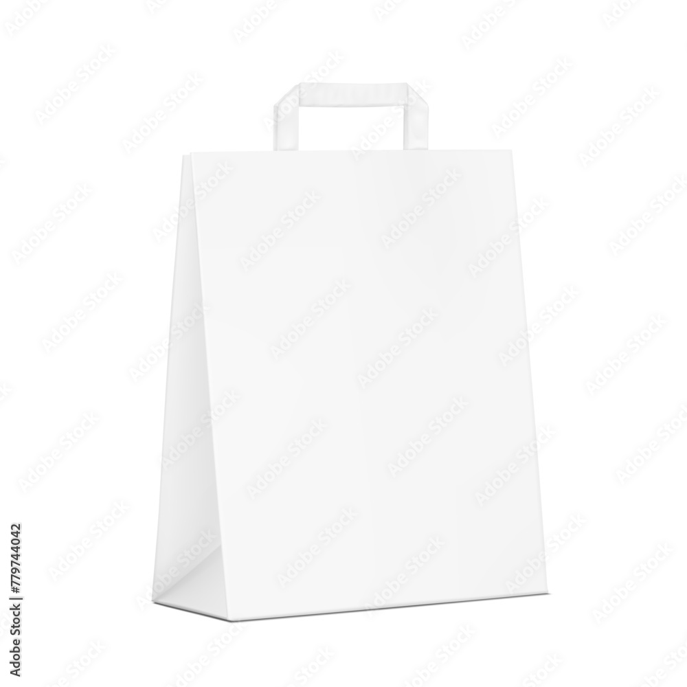 White paper bag with tape internal handle mockup. Vector illustration isolated on white background. Easy to use for presentation your product, idea, promo, design. EPS10. White paper bag with tape internal handle mockup. Vector illustration isolated on white background. Easy to use for presentation your product, idea, promo, design. EPS10.