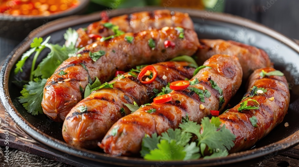 Grilled Thai Pork Sausage with Fresh Vegetables and Herbs on a Wooden Platter