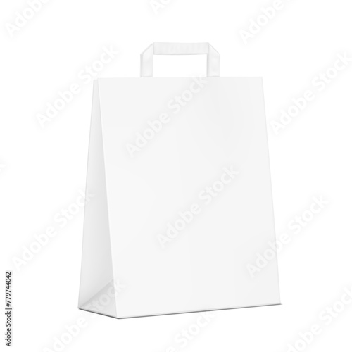 White paper bag with tape internal handle mockup. Vector illustration isolated on white background. Easy to use for presentation your product, idea, promo, design. EPS10.