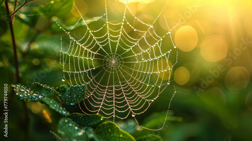 A dew-covered spiderweb in sunlight