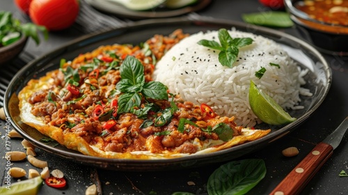 Authentic Thai Minced Pork Omelette Served with Fragrant Jasmine Rice on a Rustic Platter