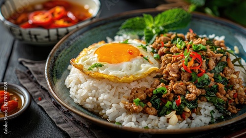 Appetizing Thai Minced Pork Omelette with Jasmine Rice on Platter
