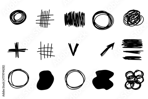Doodle Simple Shape Icon. Line Circle Frame Silhouette Monochrome Black Elements. Simple  Drawn Symbol Isolated on Backdrop. Irregular Childish hand Drawn Signs	
