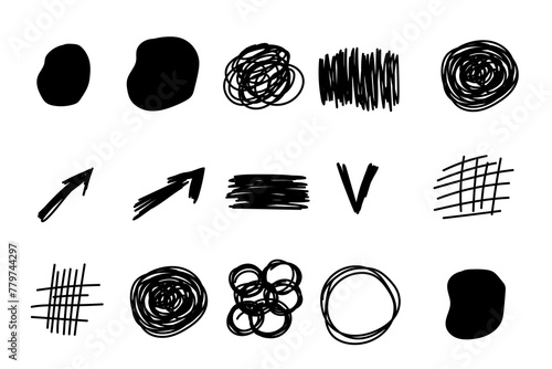 Doodle Simple Shape Icon. Line Circle Frame Silhouette Monochrome Black Elements. Simple  Drawn Symbol Isolated on Backdrop. Irregular Childish hand Drawn Signs	
