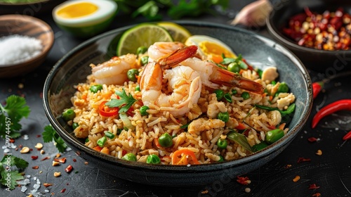 Appetizing Thai Fried Rice Dish with Shrimp Eggs and Vibrant Vegetables