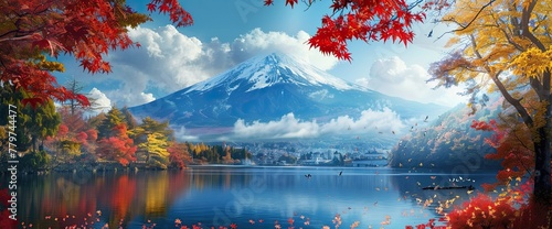 A landscape with a mountain in its central position. The latter is reflected in the pond. A settlement can be seen in the distance, which seems to enjoy the shelter of the mountain. Red-leaved trees a photo